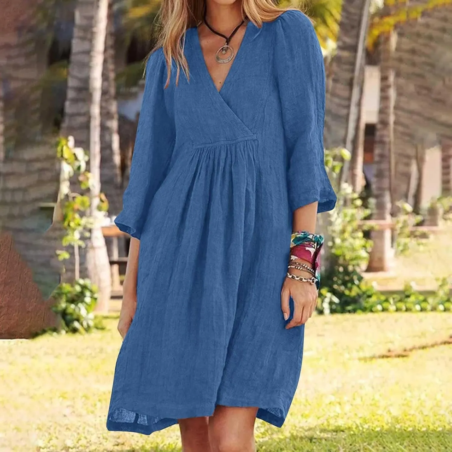 XOWRTE Womens Cotton Linen Midi Dress Summer Solid Color 3/4 Sleeve V-Neck T-Shirt Dresses Plus Size Flowy Beach Dress