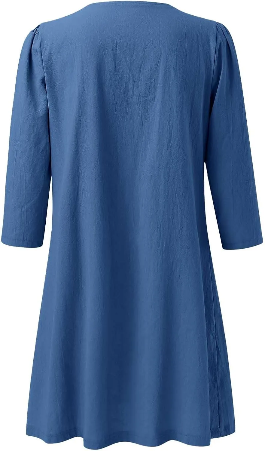 XOWRTE Womens Cotton Linen Midi Dress Summer Solid Color 3/4 Sleeve V-Neck T-Shirt Dresses Plus Size Flowy Beach Dress