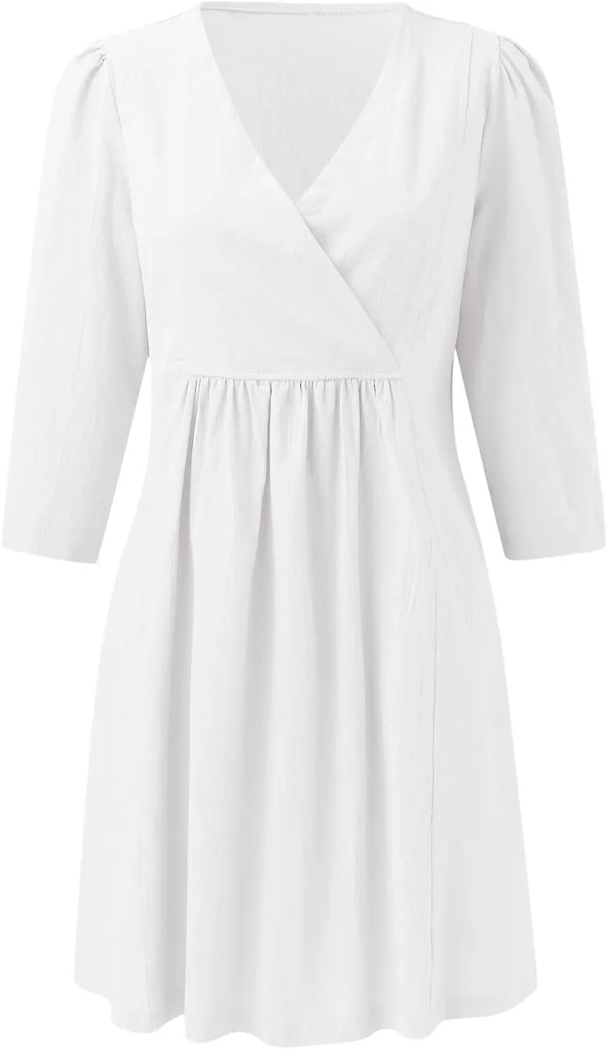 XOWRTE Womens Cotton Linen Midi Dress Summer Solid Color 3/4 Sleeve V-Neck T-Shirt Dresses Plus Size Flowy Beach Dress