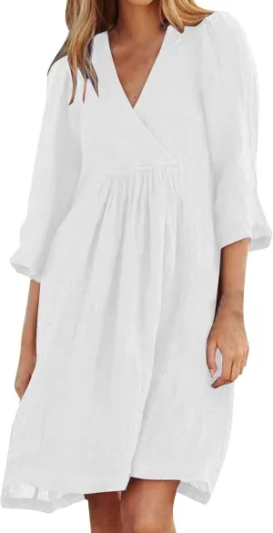 XOWRTE Womens Cotton Linen Midi Dress Summer Solid Color 3/4 Sleeve V-Neck T-Shirt Dresses Plus Size Flowy Beach Dress