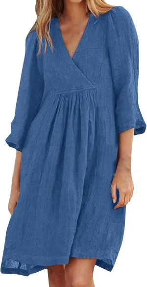 XOWRTE Womens Cotton Linen Midi Dress Summer Solid Color 3/4 Sleeve V-Neck T-Shirt Dresses Plus Size Flowy Beach Dress