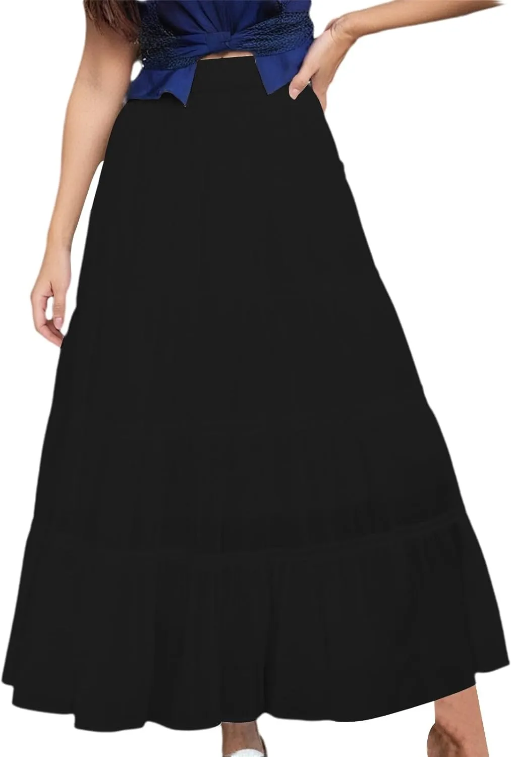 XOWRTE Womens Summer Boho Maxi Skirts Smocked High Wasited Flowy Tiered Ruffle A Line Long Beach Skirt Skirt