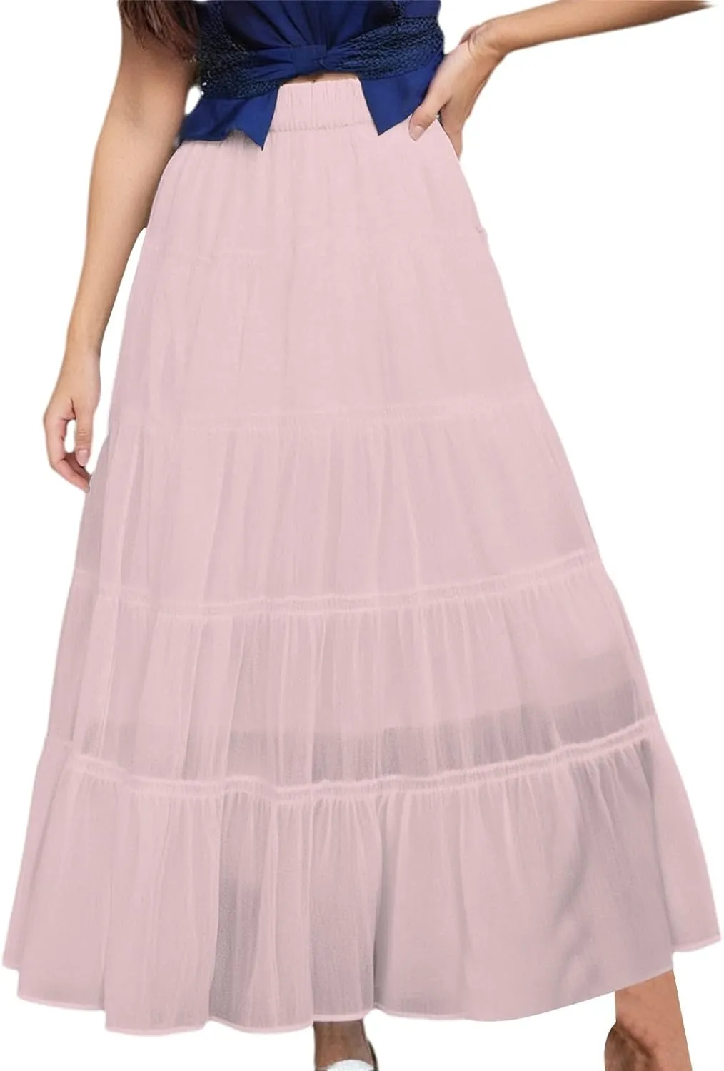 XOWRTE Womens Summer Boho Maxi Skirts Smocked High Wasited Flowy Tiered Ruffle A Line Long Beach Skirt Skirt
