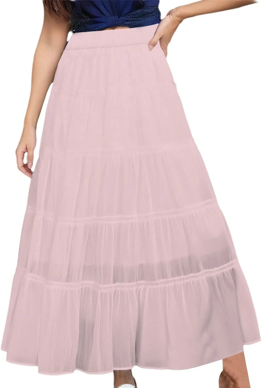 XOWRTE Womens Summer Boho Maxi Skirts Smocked High Wasited Flowy Tiered Ruffle A Line Long Beach Skirt Skirt