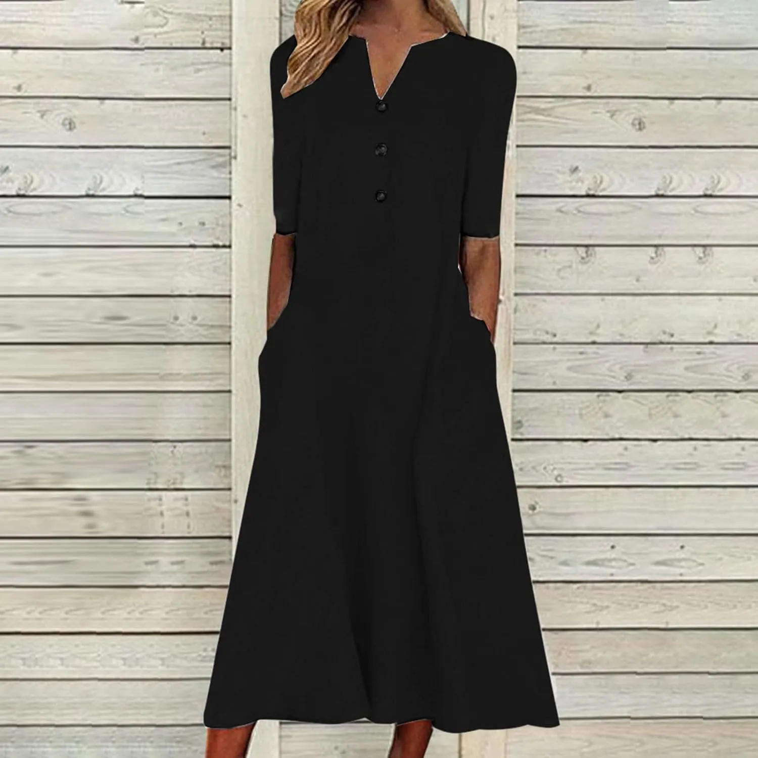 XUNRYAN 2025 Dresses Women Summer Casual Button Flowy Pleated Short Sleeve V-Neck Knee Length Midi Dress Beach Sundress