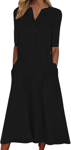 XUNRYAN 2025 Dresses Women Summer Casual Button Flowy Pleated Short Sleeve V-Neck Knee Length Midi Dress Beach Sundress