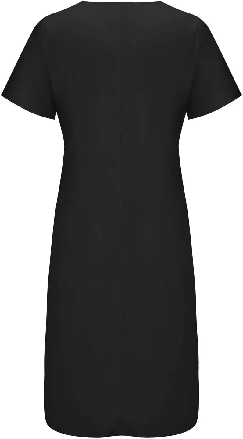 XUNRYAN 2025 Dresses Women Summer Casual Button Flowy Pleated Short Sleeve V-Neck Knee Length Midi Dress Beach Sundress
