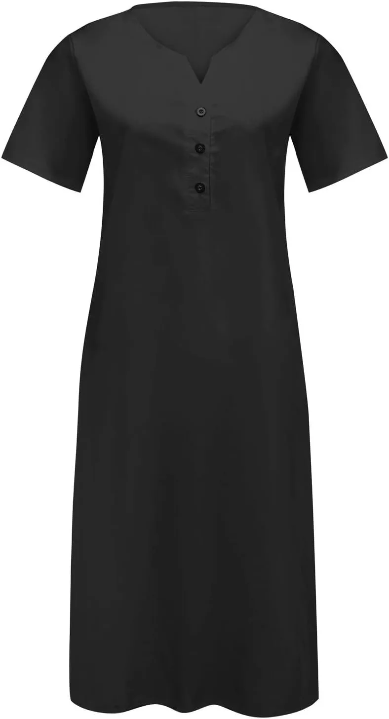 XUNRYAN 2025 Dresses Women Summer Casual Button Flowy Pleated Short Sleeve V-Neck Knee Length Midi Dress Beach Sundress