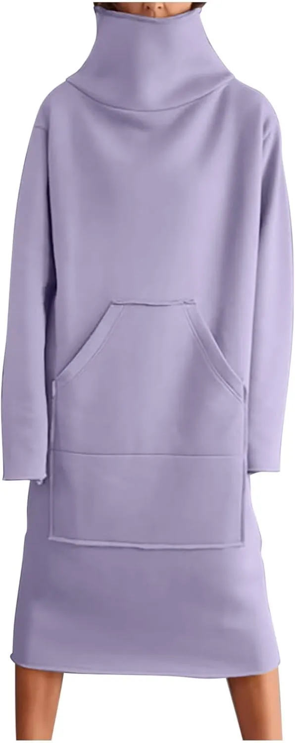XUNRYAN Women's Hoodie Dress High Neck Fleece Hooded Dress with Kangaroo Pocket Plus Size Hoodies Sweatshirts Fashion Clothes