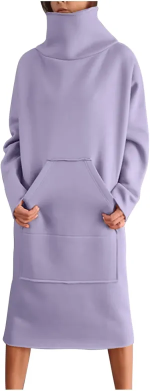 XUNRYAN Women's Hoodie Dress High Neck Fleece Hooded Dress with Kangaroo Pocket Plus Size Hoodies Sweatshirts Fashion Clothes