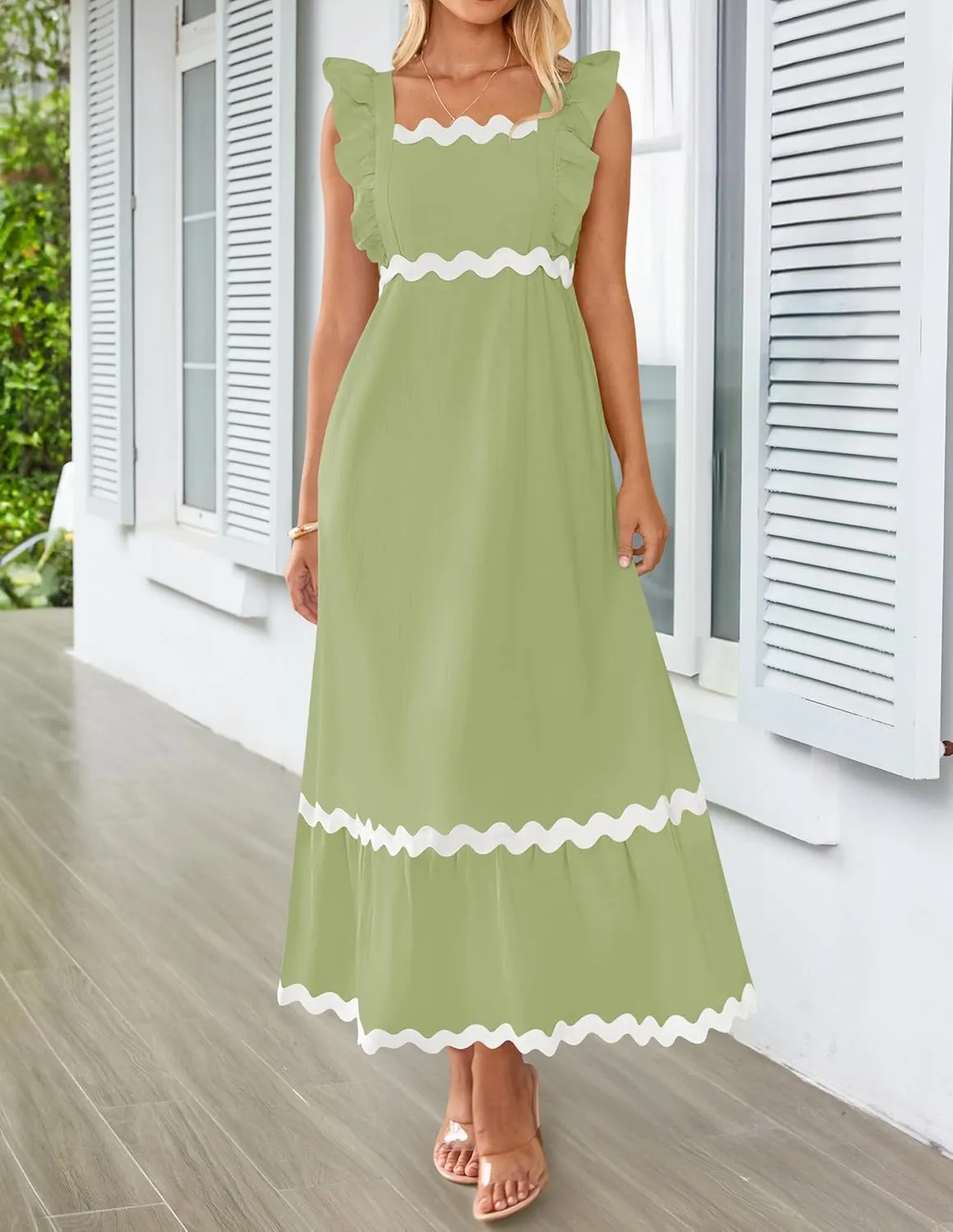 ZESICA Women's Summer Sleeveless Ruffle Dresses Square Neck Backless Boho Flowy Maxi Sundress with Pockets