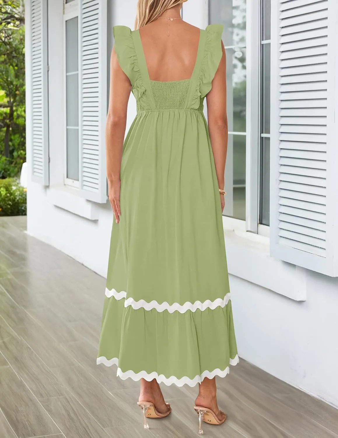 ZESICA Women's Summer Sleeveless Ruffle Dresses Square Neck Backless Boho Flowy Maxi Sundress with Pockets