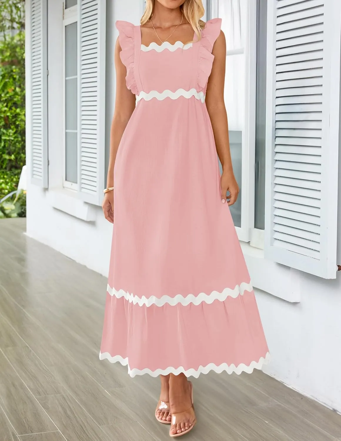 ZESICA Women's Summer Sleeveless Ruffle Dresses Square Neck Backless Boho Flowy Maxi Sundress with Pockets