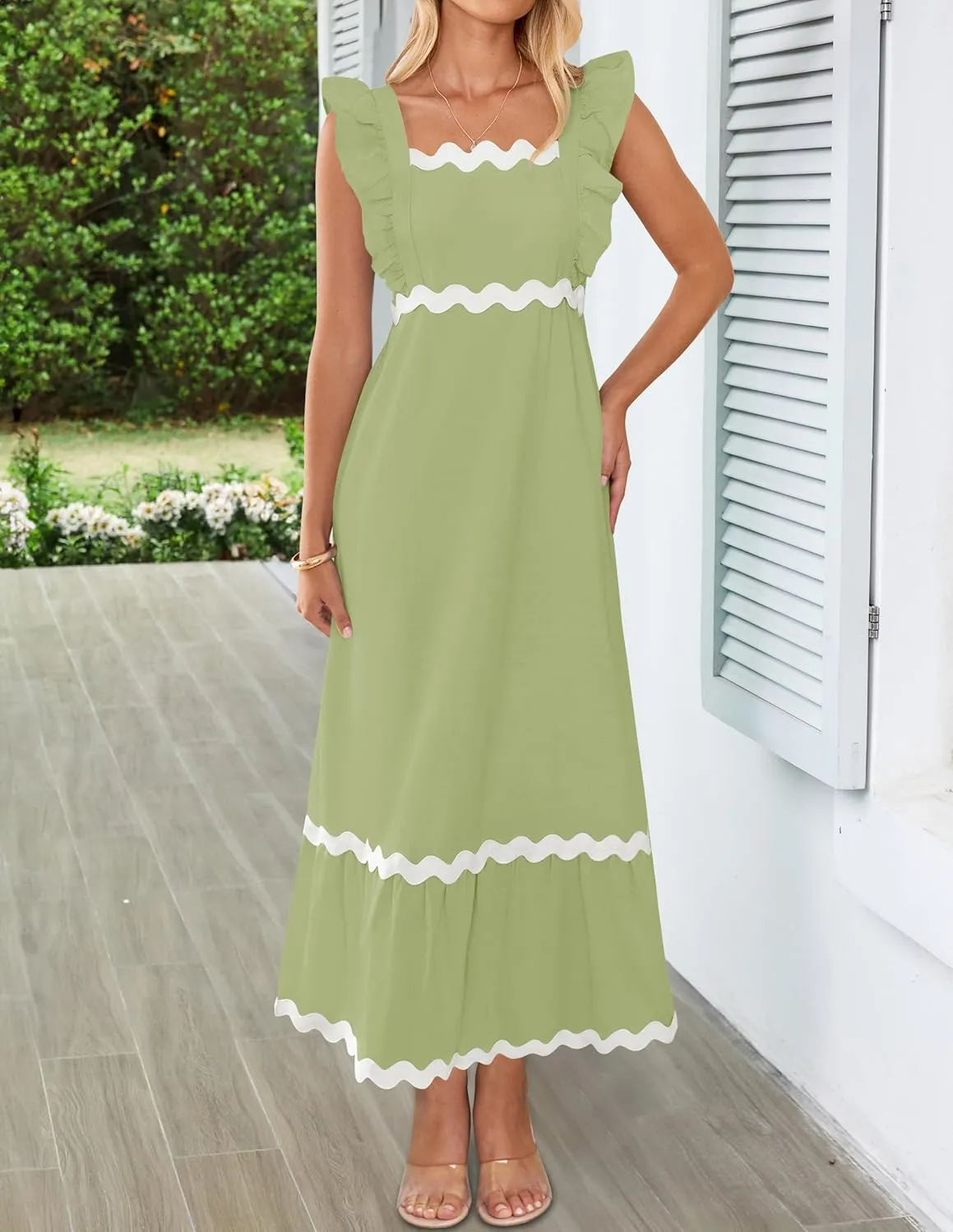 ZESICA Women's Summer Sleeveless Ruffle Dresses Square Neck Backless Boho Flowy Maxi Sundress with Pockets