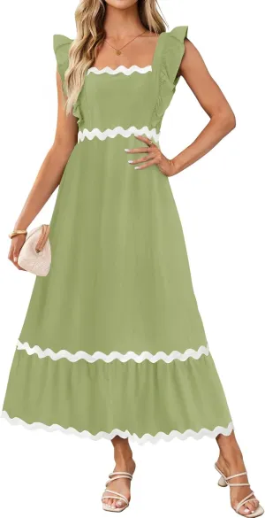 ZESICA Women's Summer Sleeveless Ruffle Dresses Square Neck Backless Boho Flowy Maxi Sundress with Pockets