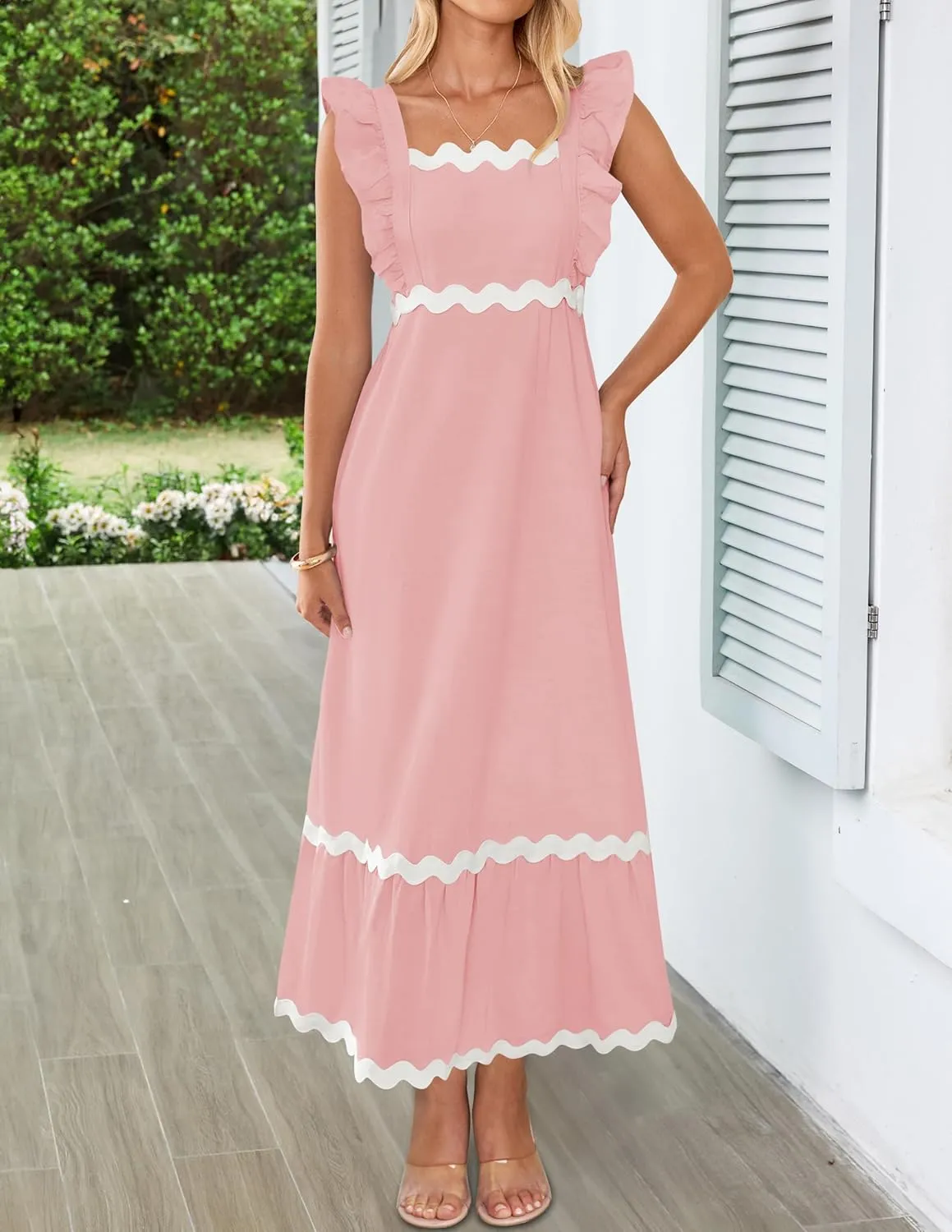 ZESICA Women's Summer Sleeveless Ruffle Dresses Square Neck Backless Boho Flowy Maxi Sundress with Pockets
