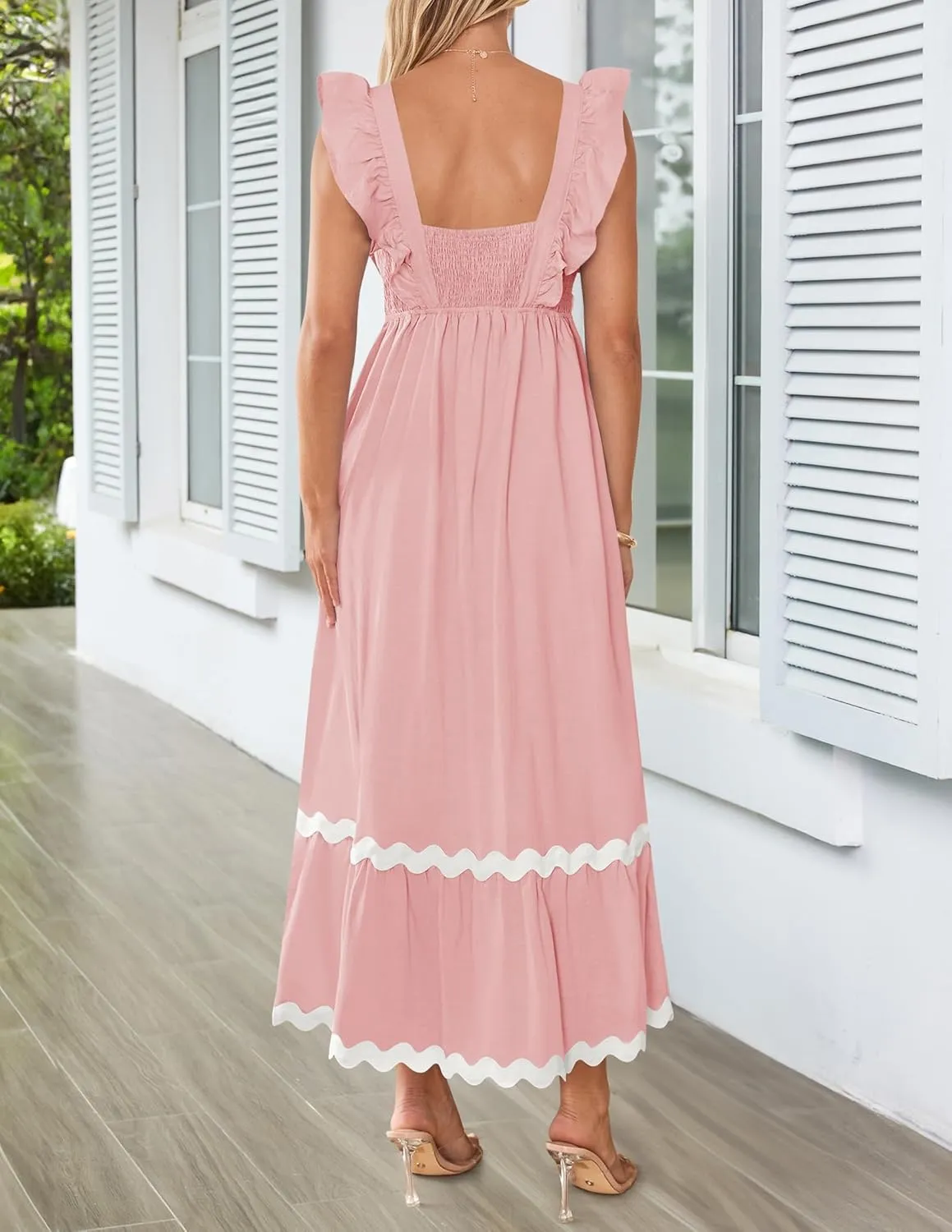 ZESICA Women's Summer Sleeveless Ruffle Dresses Square Neck Backless Boho Flowy Maxi Sundress with Pockets