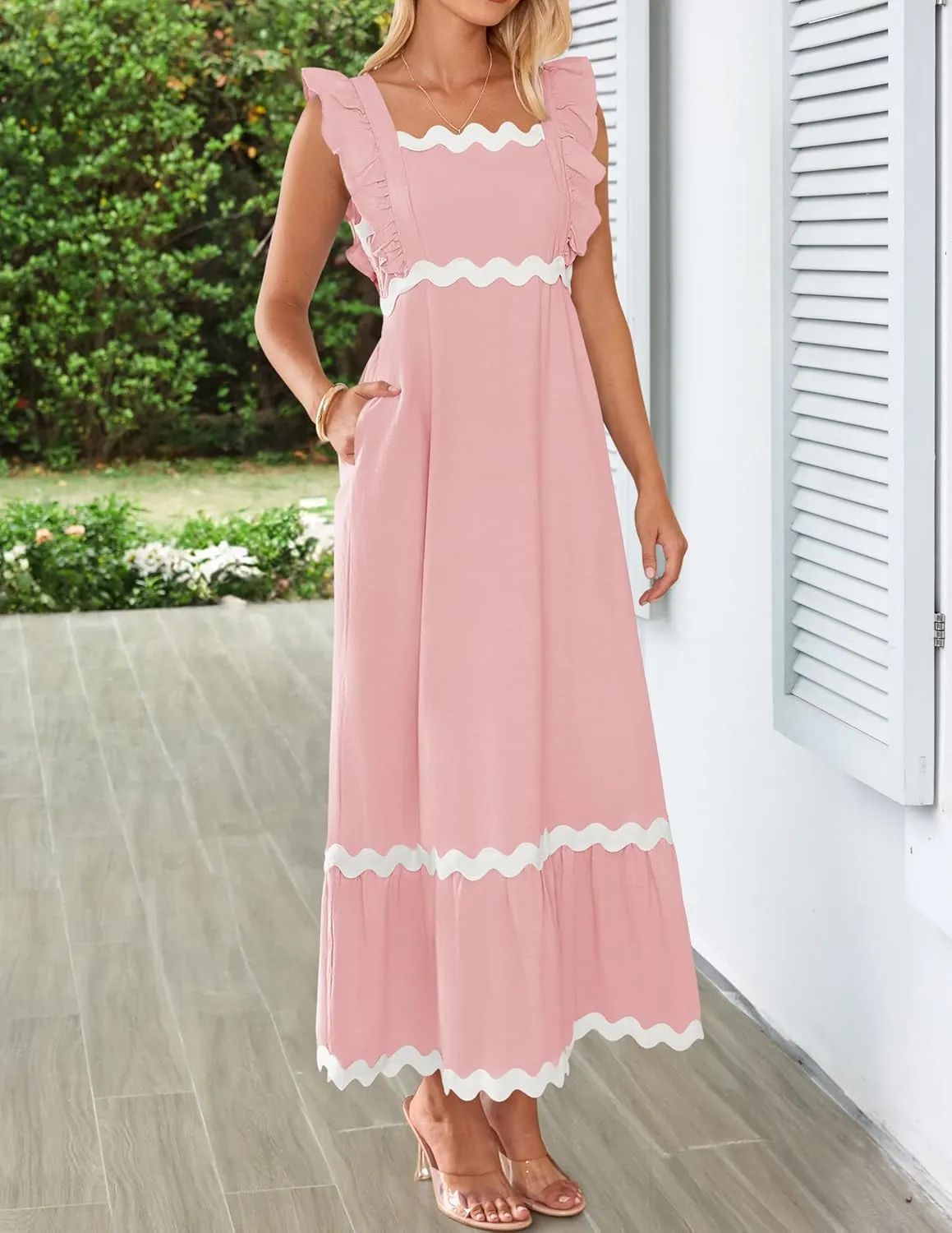 ZESICA Women's Summer Sleeveless Ruffle Dresses Square Neck Backless Boho Flowy Maxi Sundress with Pockets