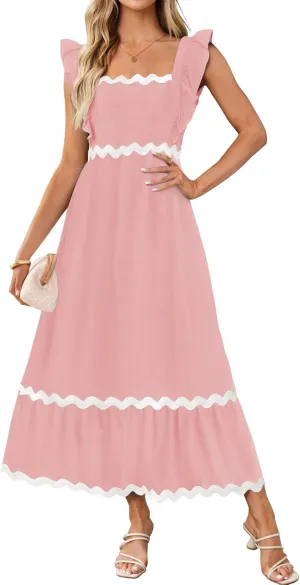 ZESICA Women's Summer Sleeveless Ruffle Dresses Square Neck Backless Boho Flowy Maxi Sundress with Pockets