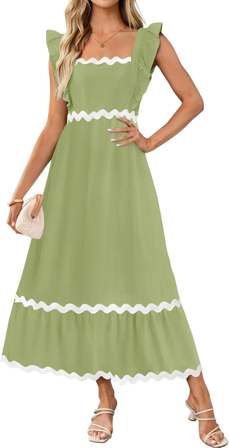 ZESICA Women's Summer Sleeveless Ruffle Dresses Square Neck Backless Boho Flowy Maxi Sundress with Pockets